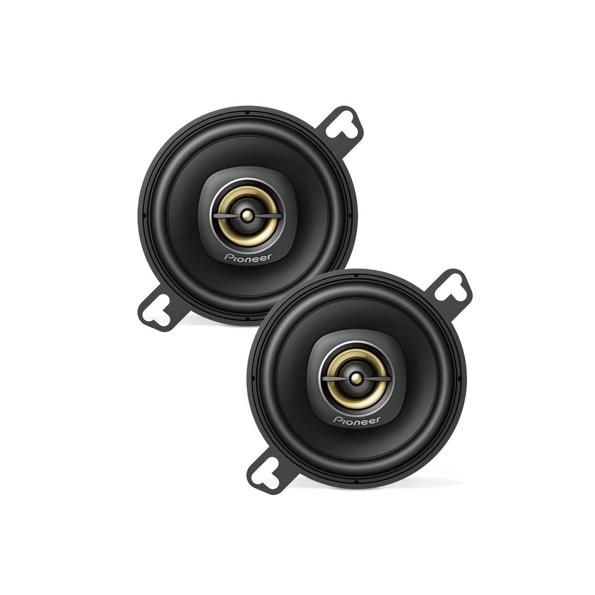Pair of black car 2-way speakers with gold tweeter and woofer cones