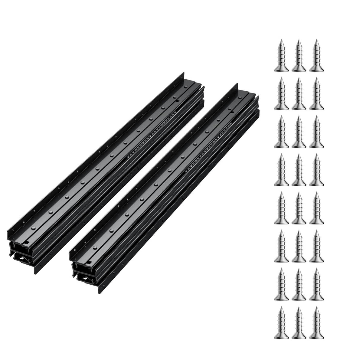 Undermount drawer slide rails, two black steel tracks with mounting holes