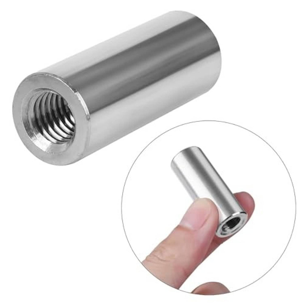 304 stainless steel coupling nut sleeve with M8 internal threads, shown in hand for scale