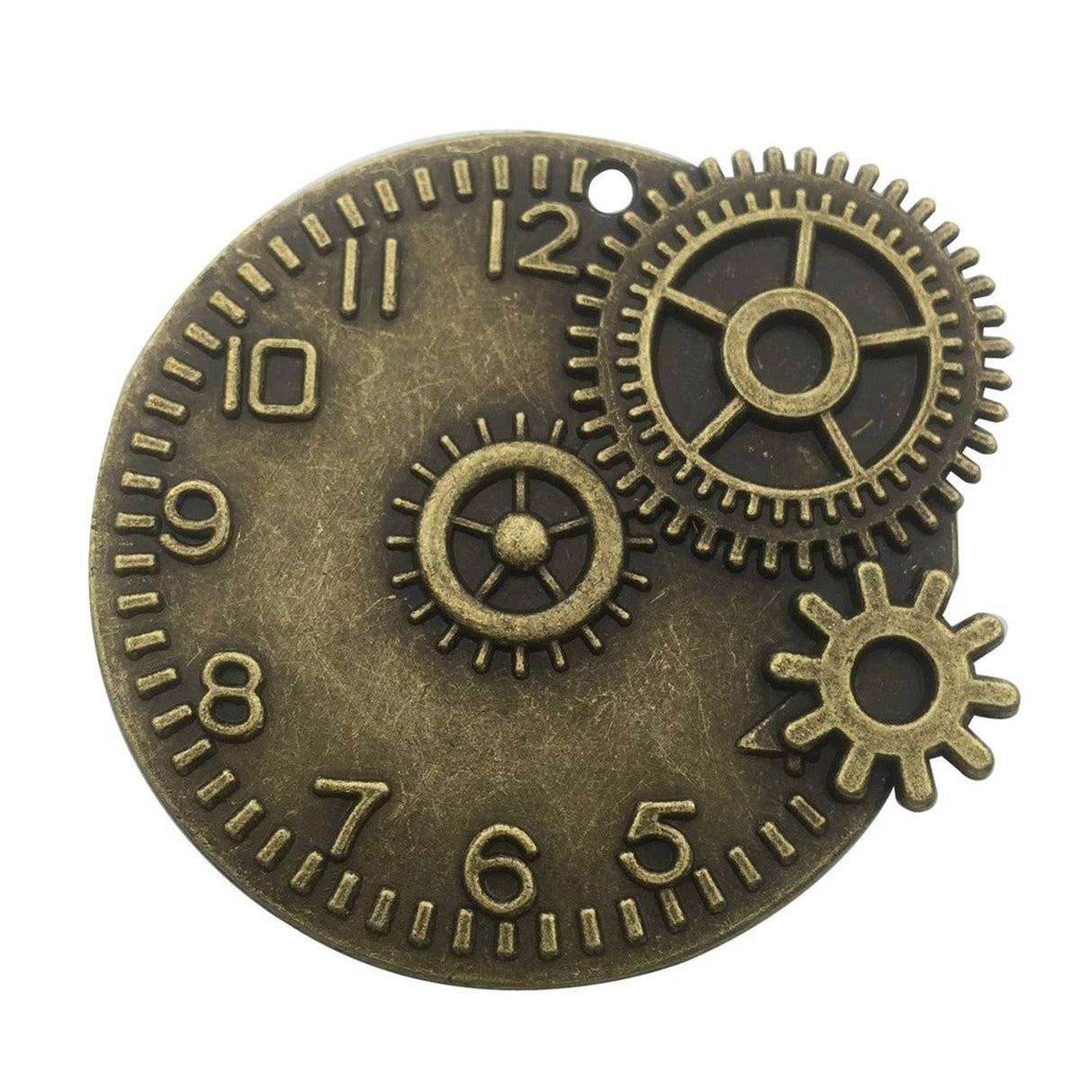 Antique bronze steampunk clock face charm with numbers and cog details