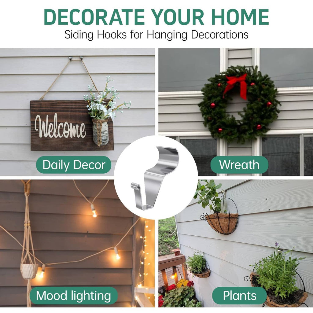 No-drill siding hooks holding decorations on vinyl siding, silver metal hooks