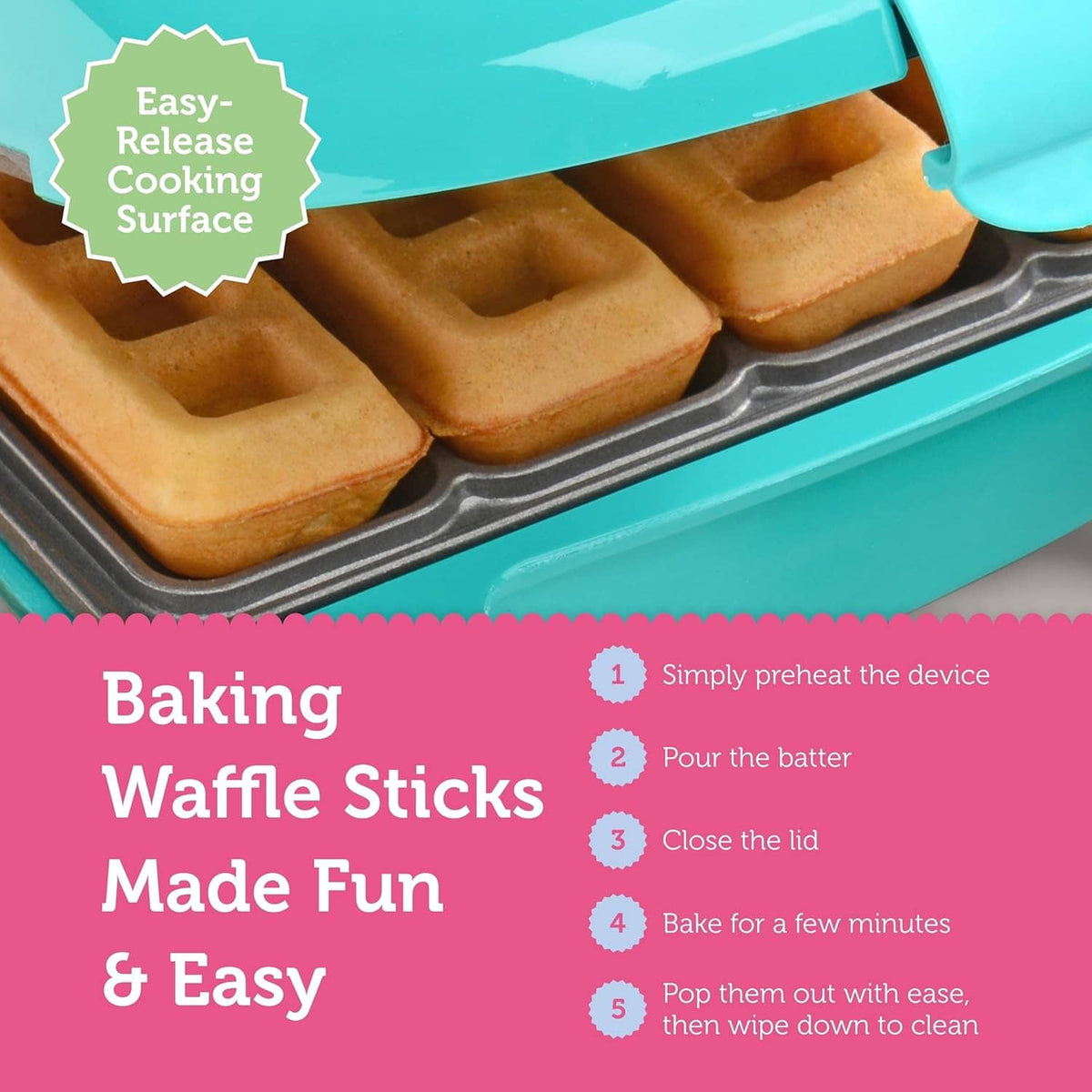 Close-up of teal mini waffle stick maker plates with golden waffle sticks