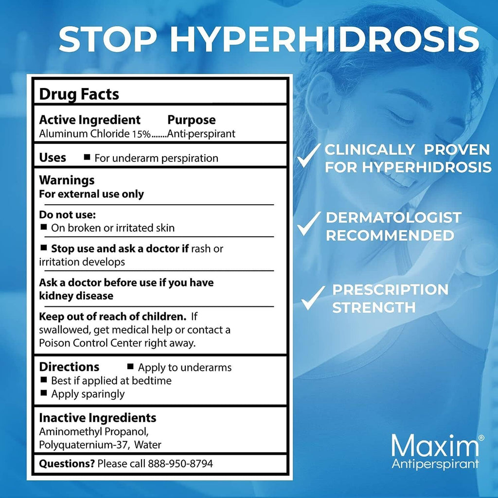 Maxim antiperspirant roll-on drug facts label panel with ingredients and warnings