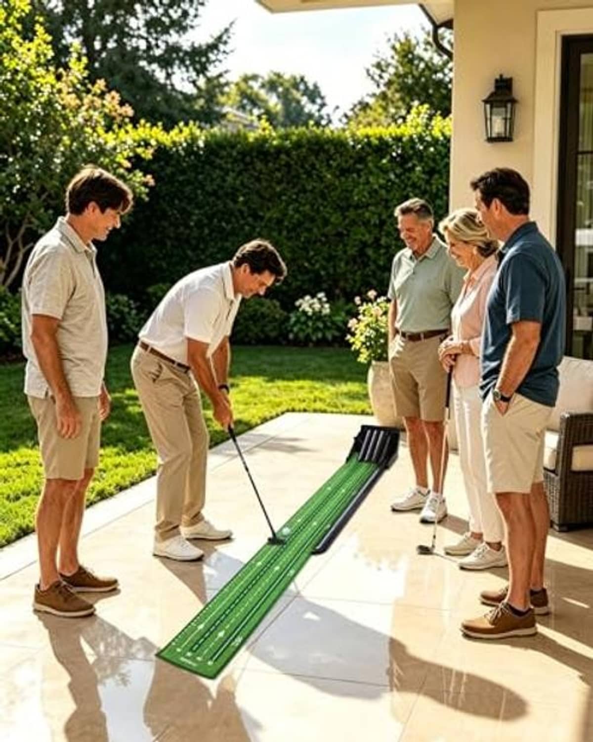 Green golf putting mat with black ramp track set for outdoor practice