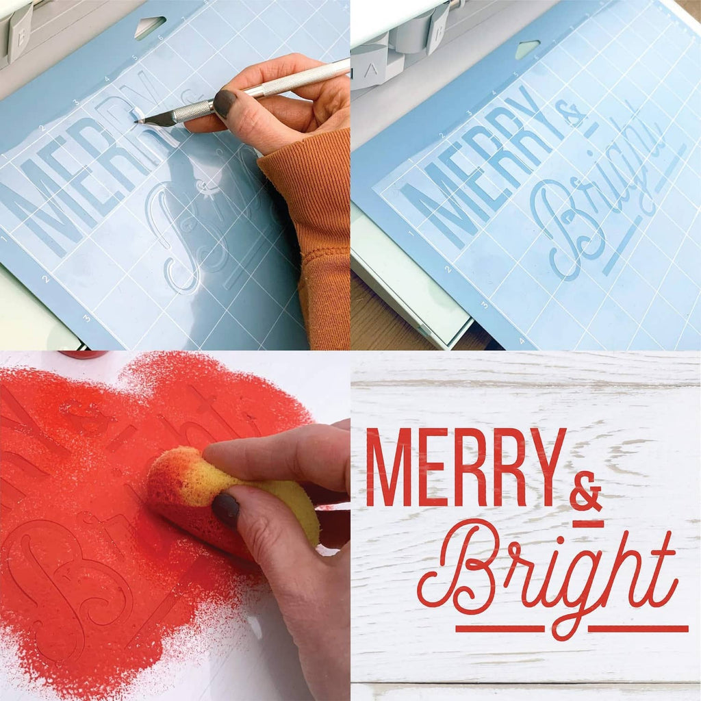 Red stencil design reading MERRY & Bright on paper, sponge and paint tools