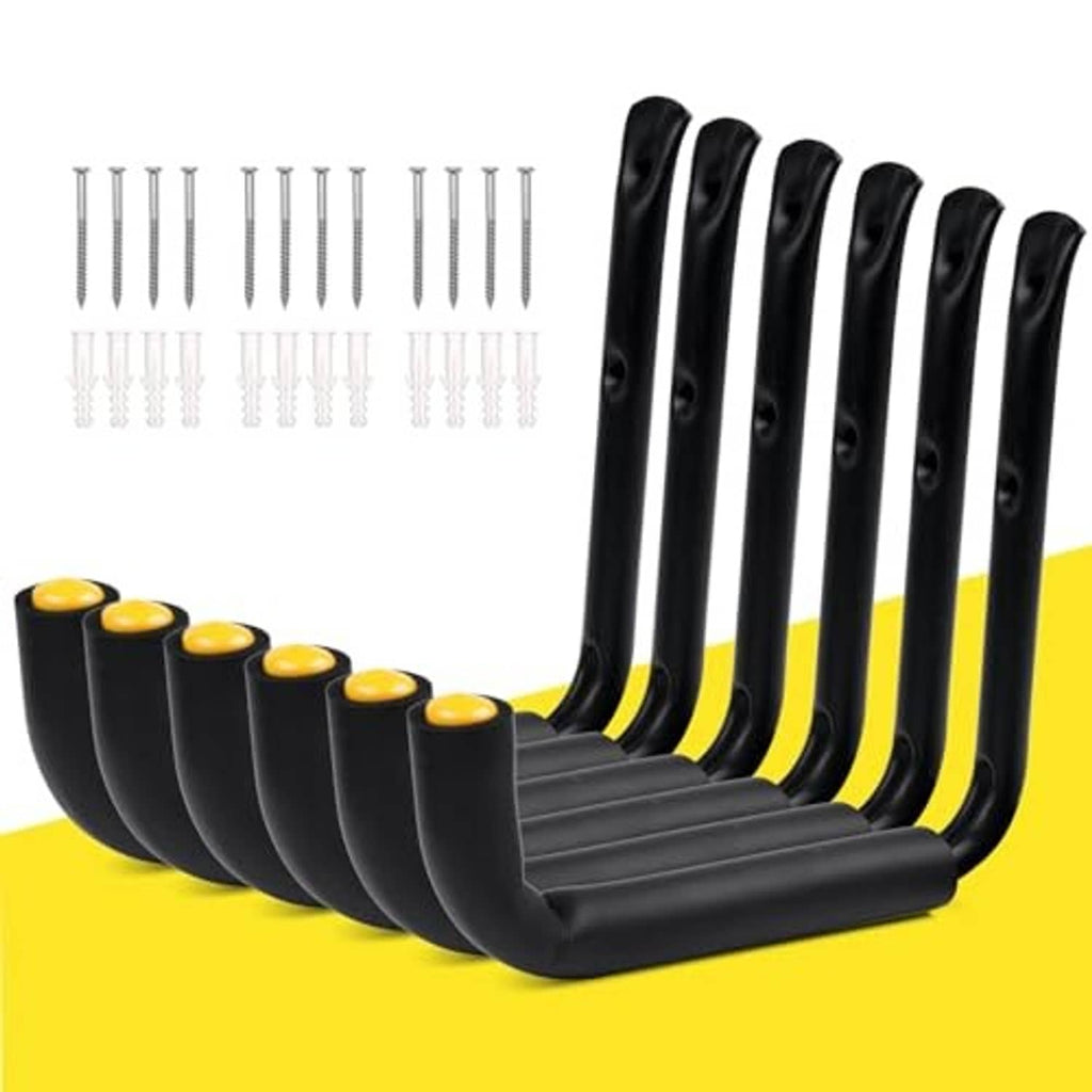 Pack of black J-shaped storage hooks with yellow rubber tips and included mounting screws