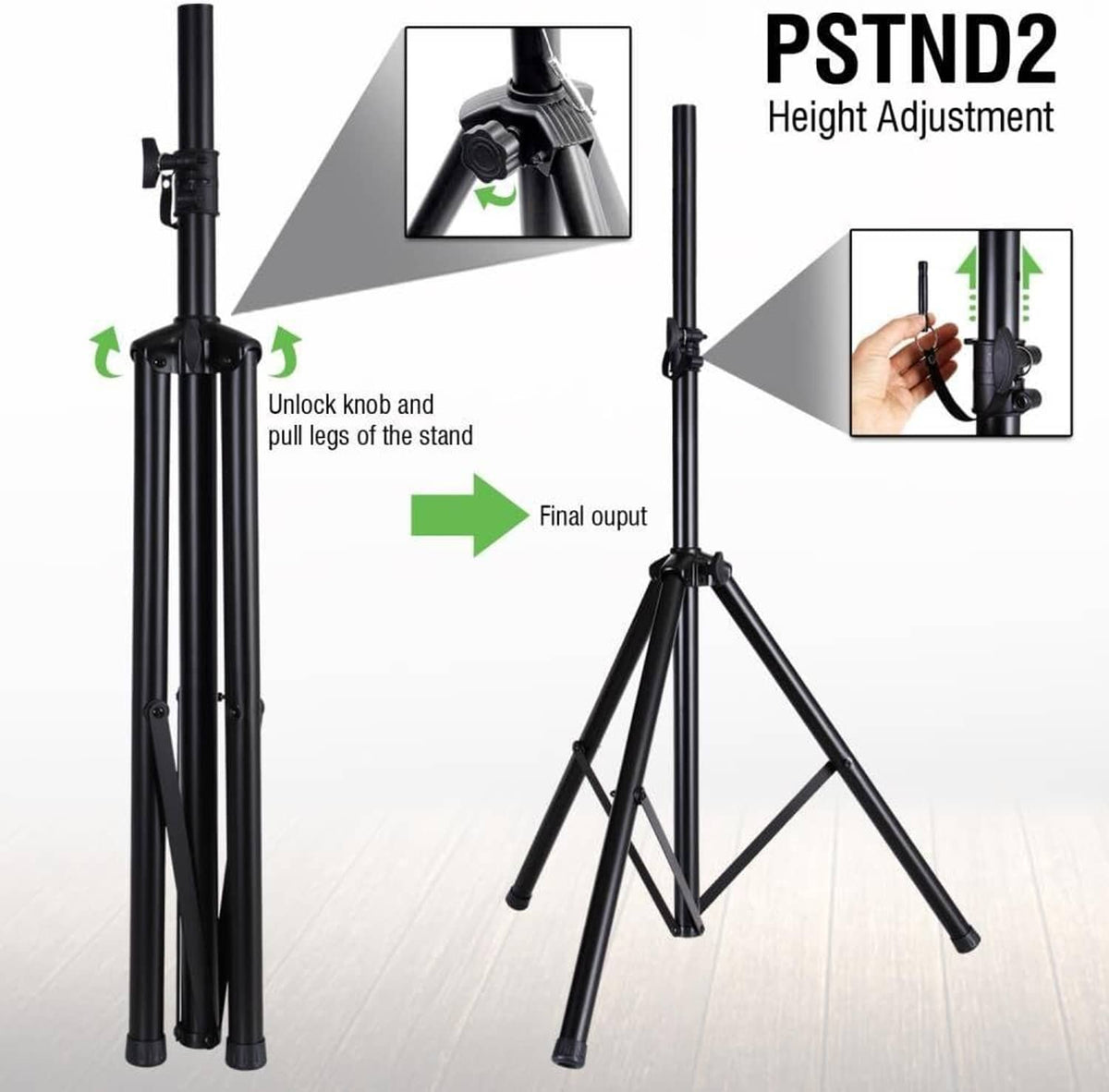 Adjustable black tripod speaker stand with height adjustment knob and sliding pole