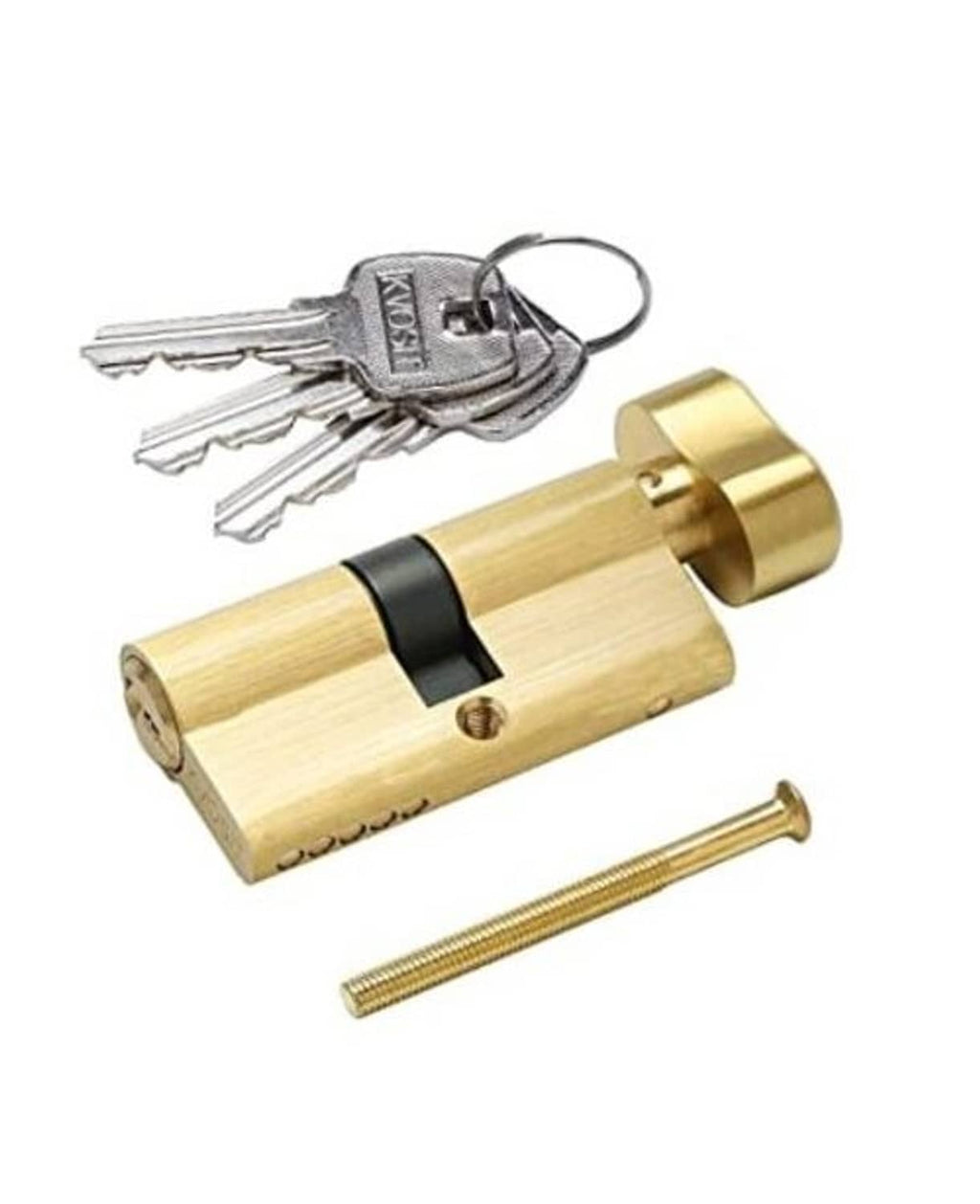 Brushed brass lock cylinder with three keys on a keyring and mounting screw