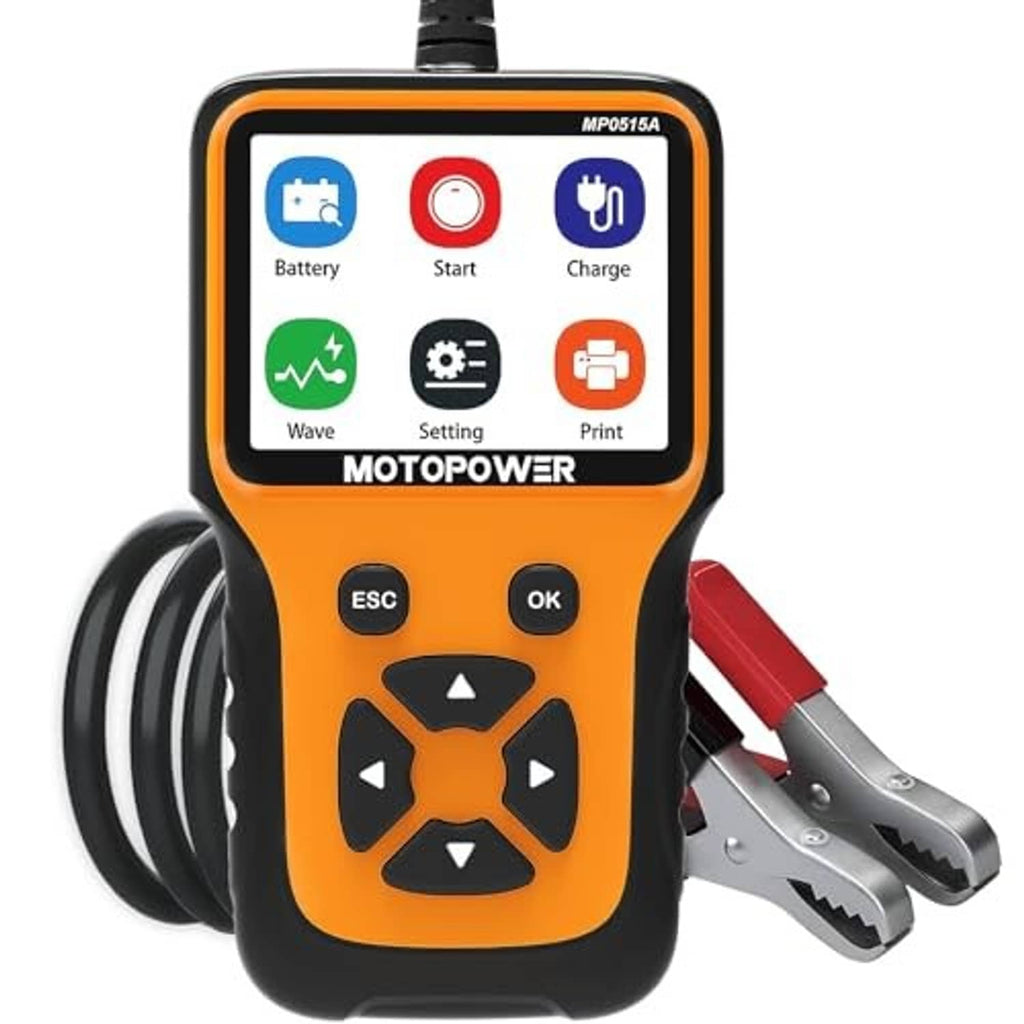 Car battery tester orange/black handheld with clamp leads and LCD showing battery start charge icons