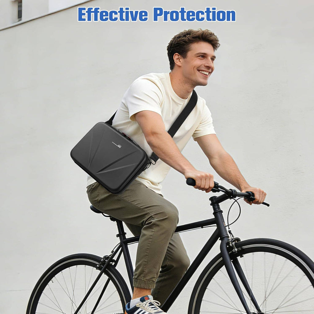 Black hard camera case with shoulder strap on cyclist while holding bike handlebars