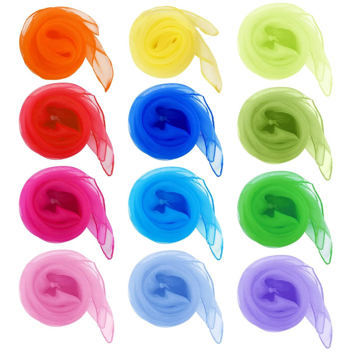 Set of rolled square silk juggling scarves in multiple bright colors, sheer fabric