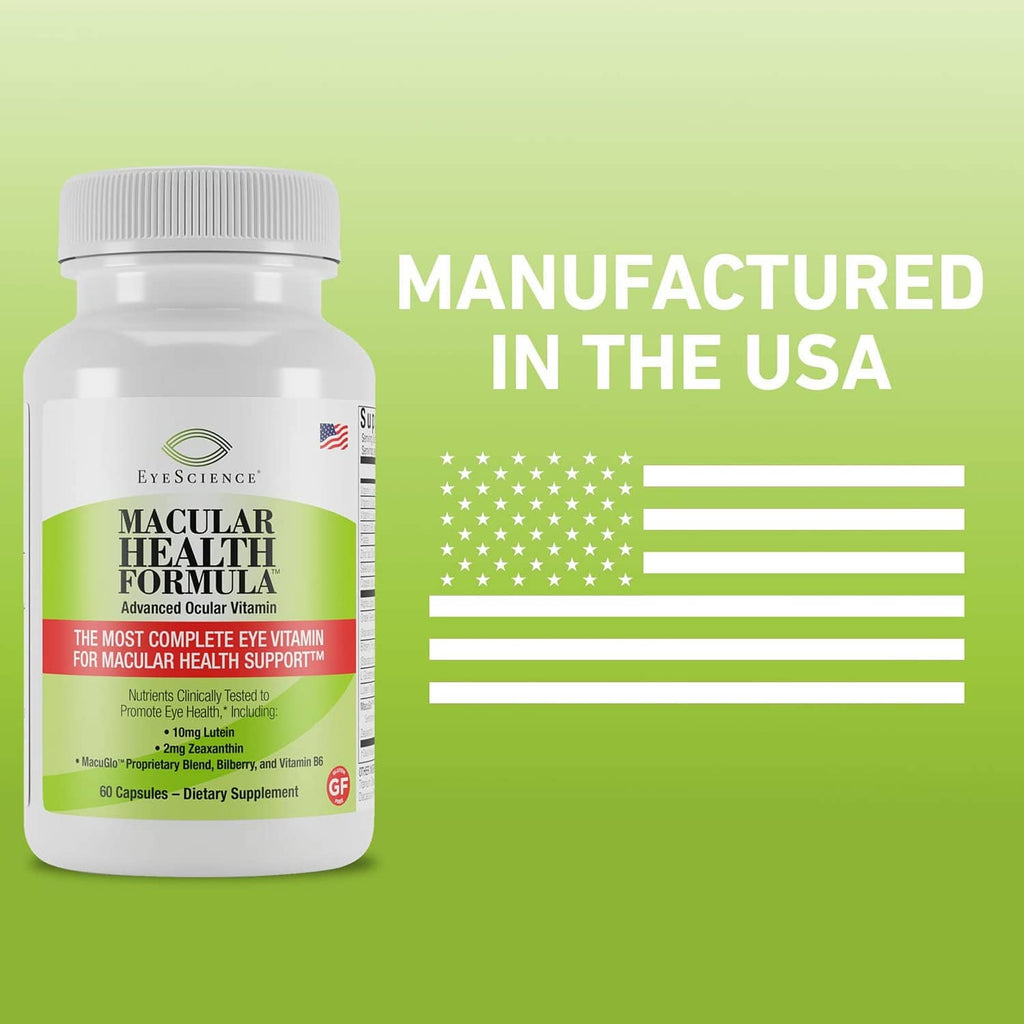 Macular Health Formula bottle with 'Manufactured in the USA' graphic