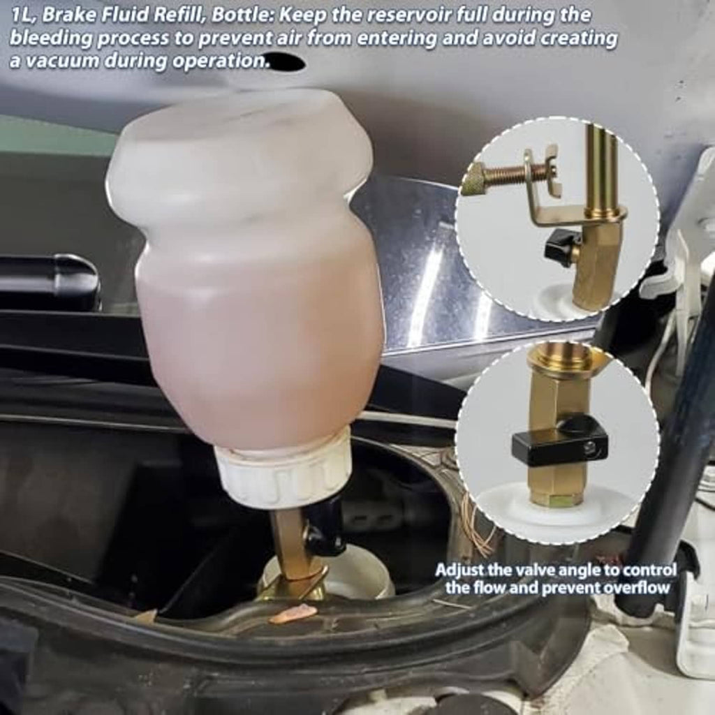 Brake fluid refill bottle and vacuum pump valve assembly with brass inlet fitting
