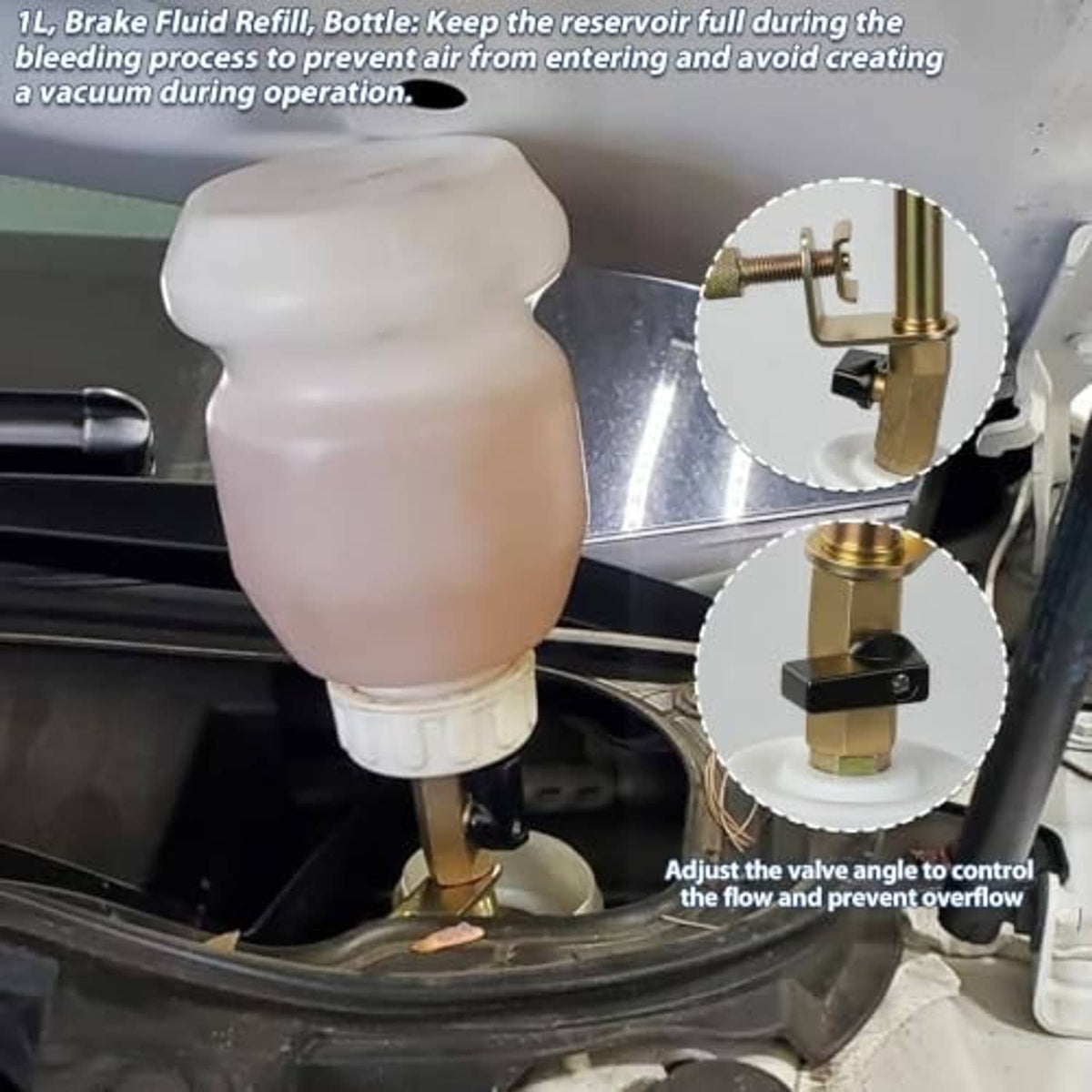 Brake fluid refill bottle and vacuum pump valve assembly with brass inlet fitting