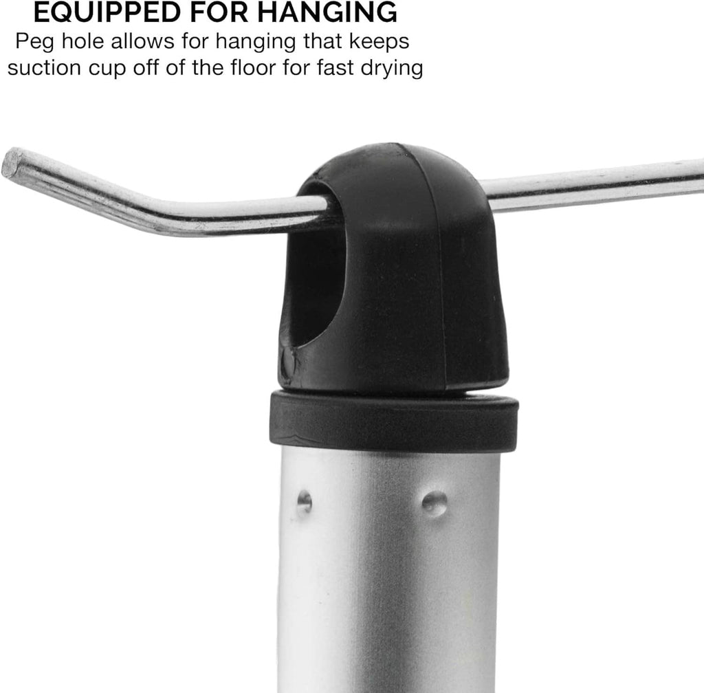 Toilet plunger head with black rubber cup and silver metal handle for hanging