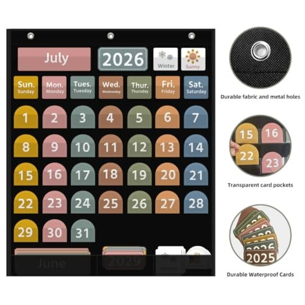 Black calendar pocket chart with durable card pockets and 96-piece date-card set