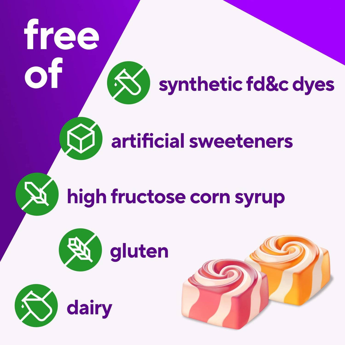 Spiral gummies with icons for free of synthetic dyes, artificial sweeteners, high fructose corn syrup.