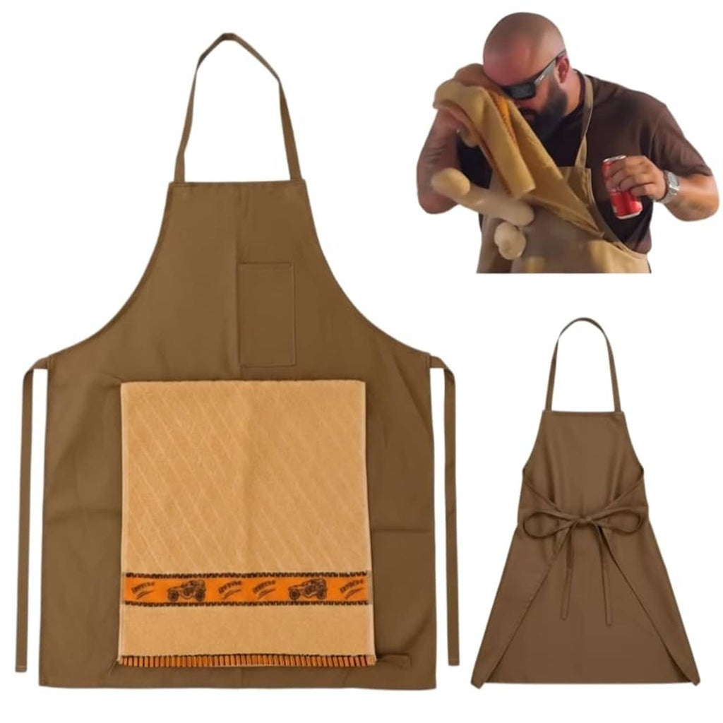 Brown apron with square front pocket and beige panel; matching tied-back apron view