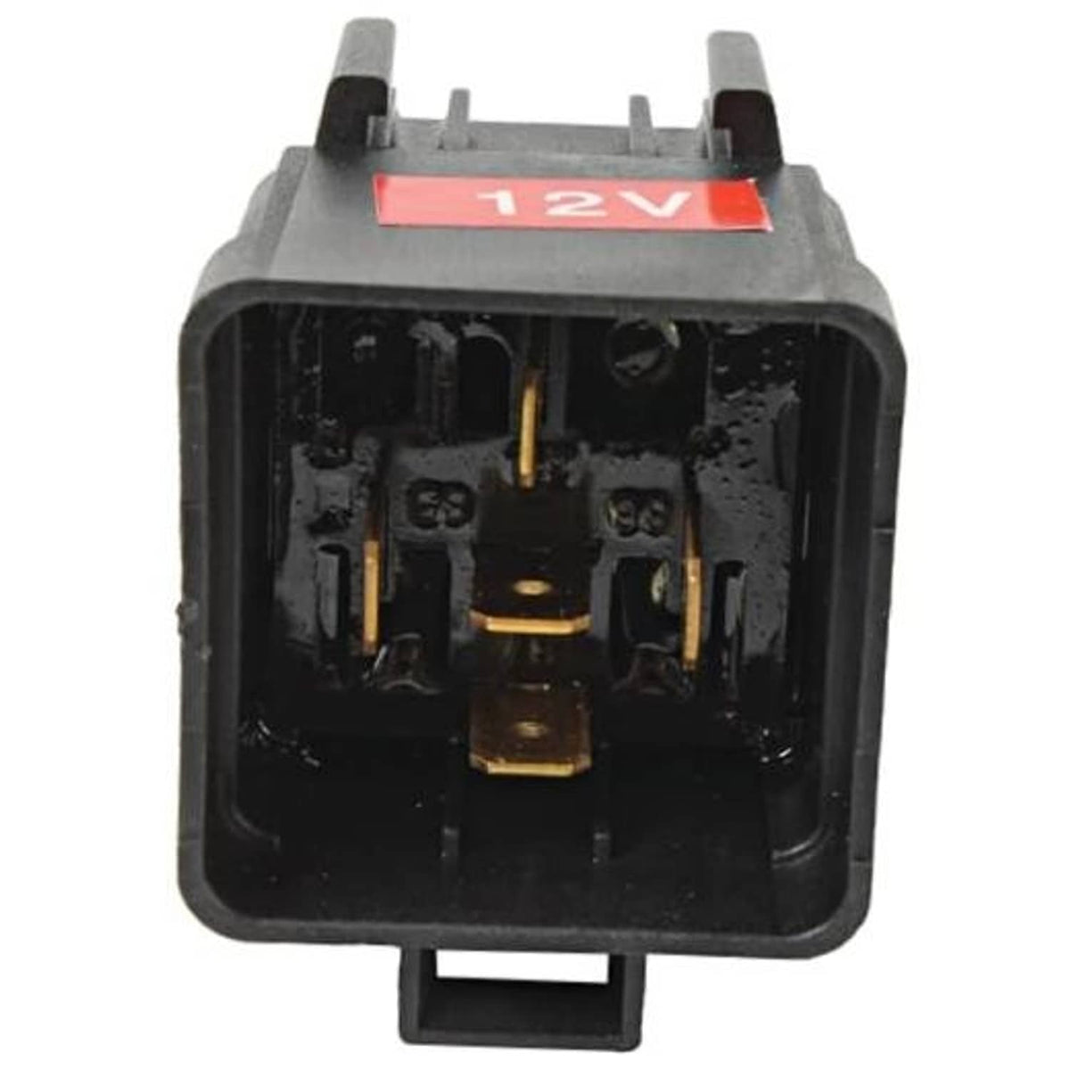 12V power tilt trim relay, black housing with red label and visible electrical contacts