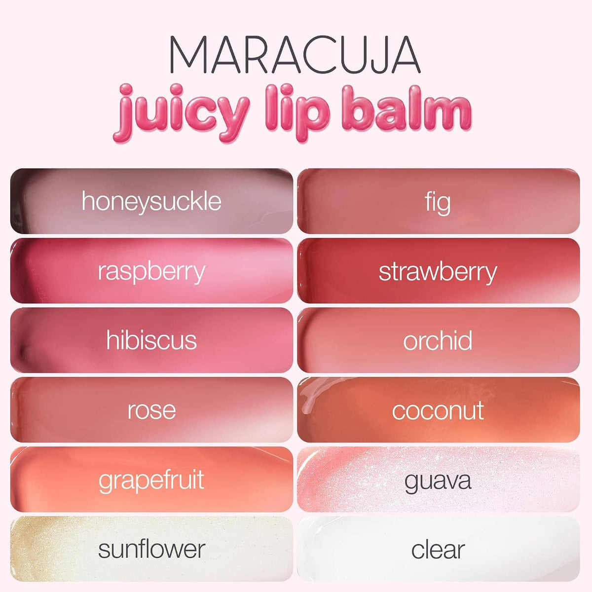 Maracuja juicy lip balm shade lineup with multiple color swatches