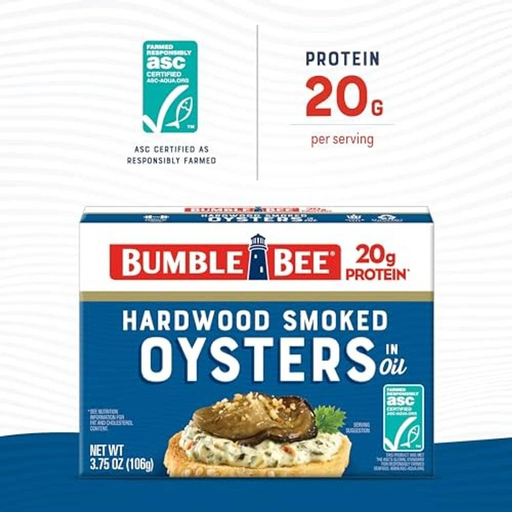 Bumble Bee hardwood smoked oysters in oil, 20 g protein per serving pack