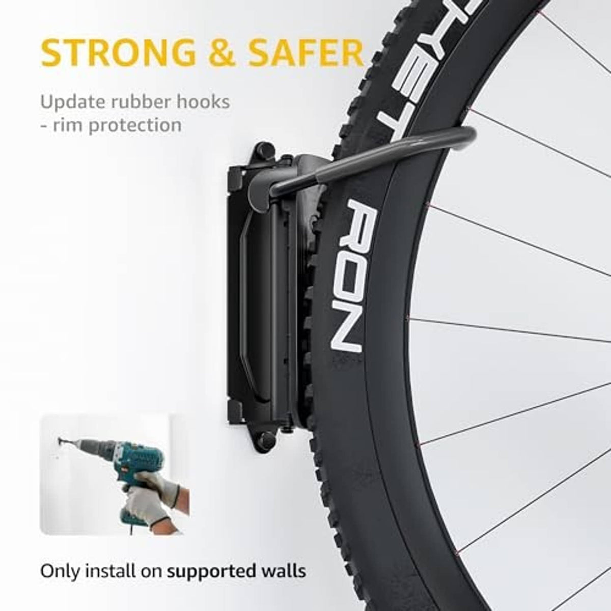 Black bike wall mount with rubber hooks for rim protection and secure bike support