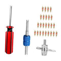 Tire valve core removal tool kit with red handle, blue knurled grip, and brass cores