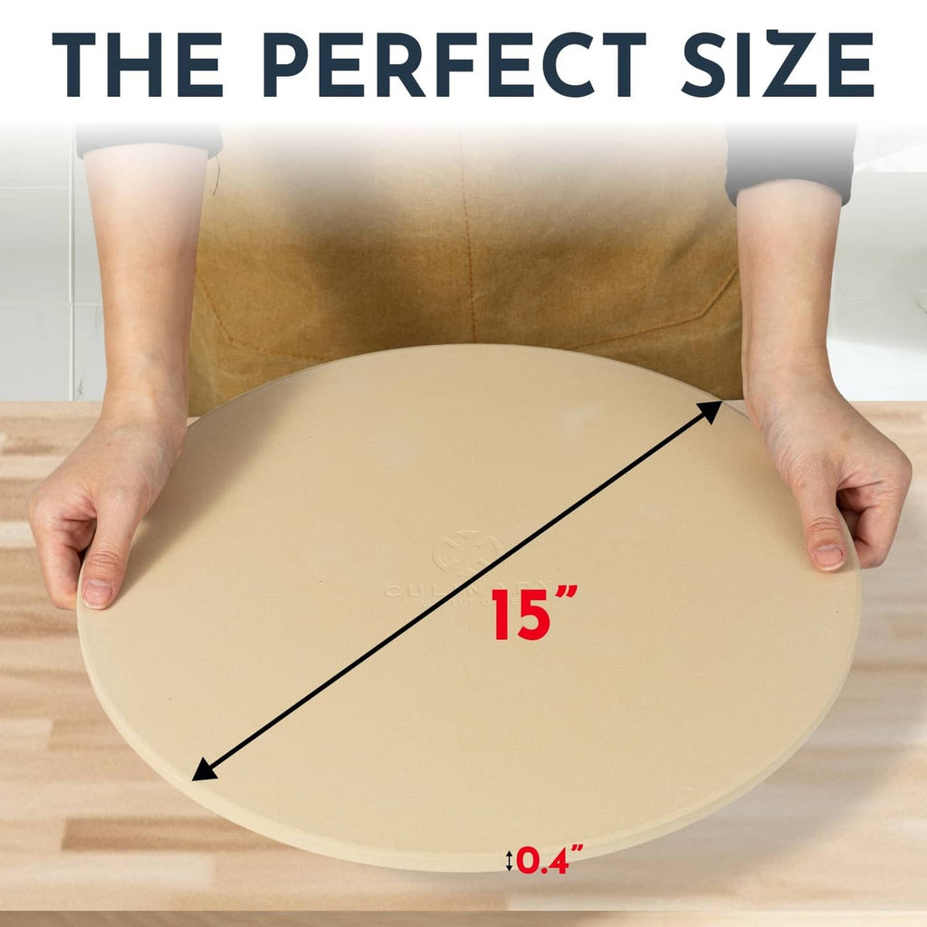 15-inch round pizza stone, beige surface with size markings on top view.