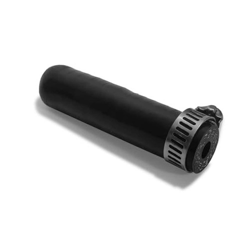 Black silicone hose cap with silver metal clamp band on one end, circular opening
