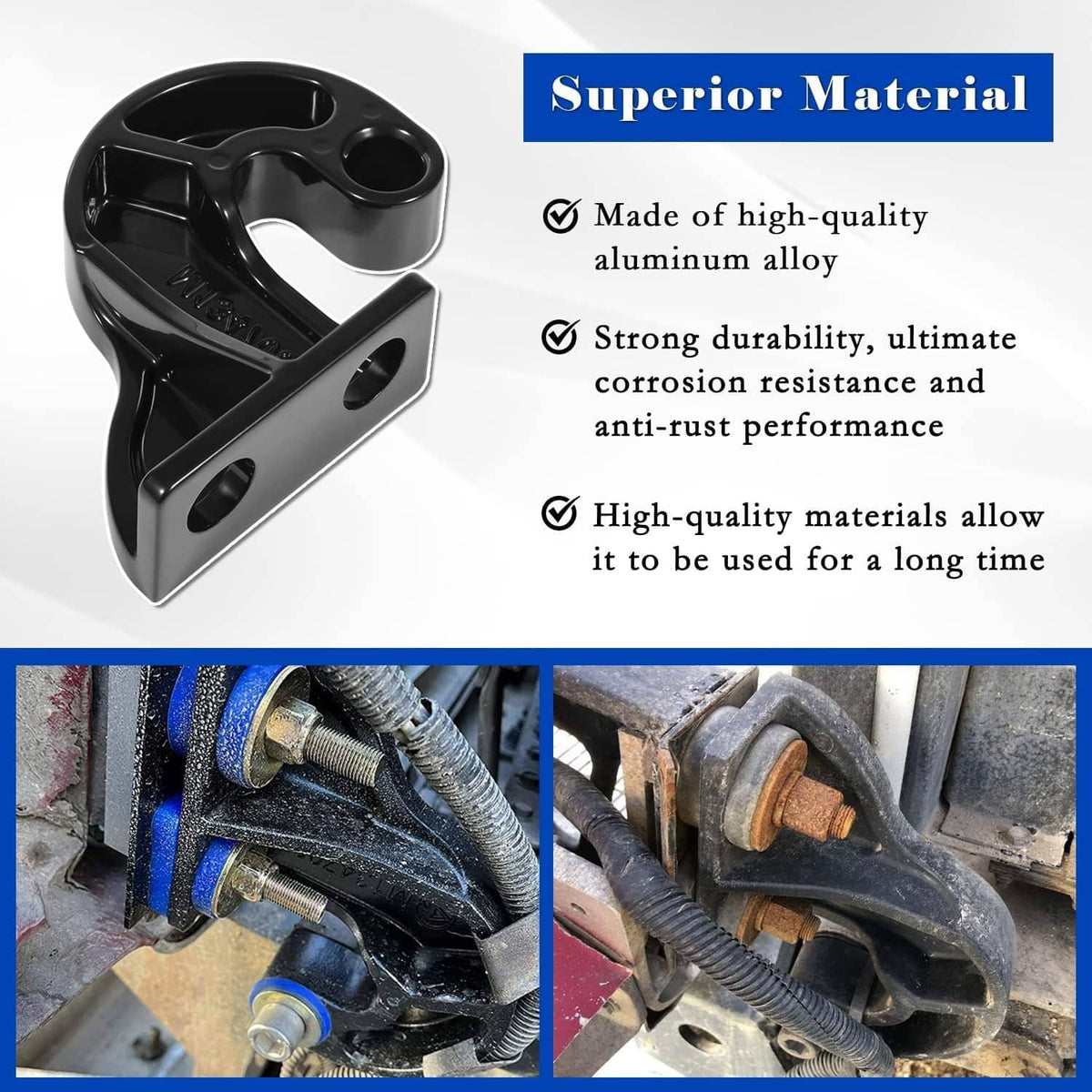 Left hood pivot bracket in glossy black with circular bushing opening and bolt holes