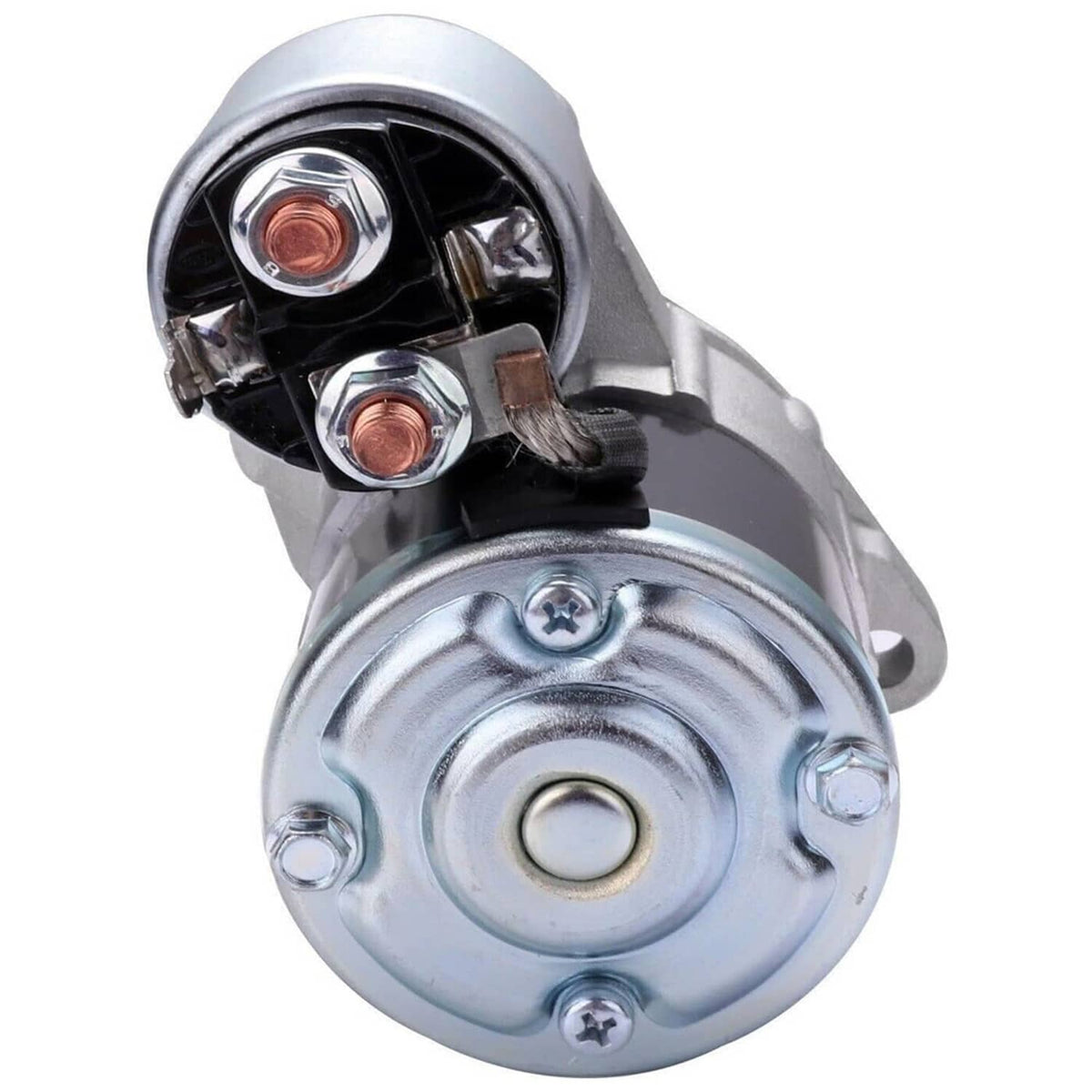 Front-view starter motor with circular rear cover, two copper terminals, and bolts