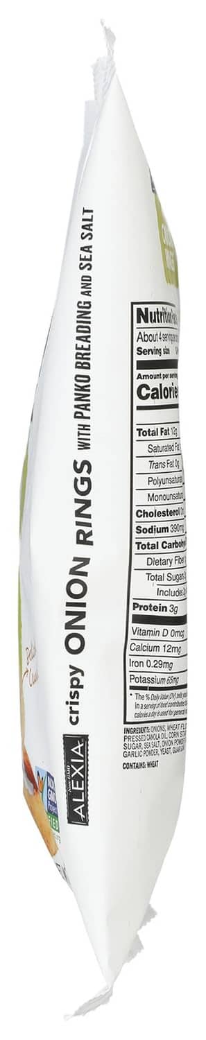 Onion rings pouch nutrition text panel with green accent strip
