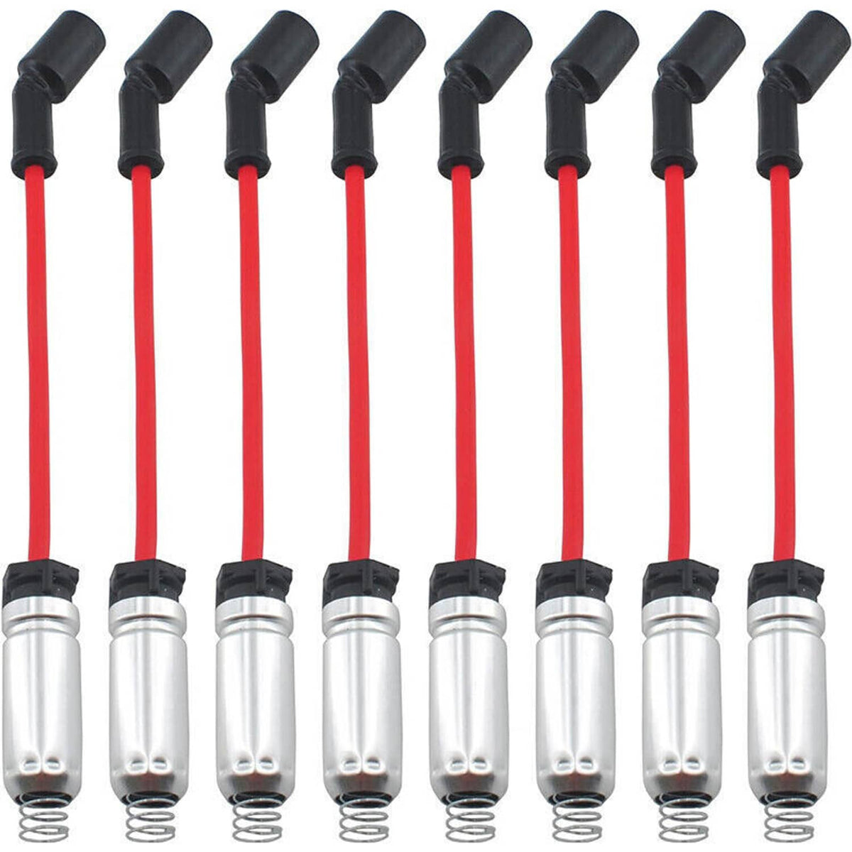 Row of red spark plug wires with black boots and silver threaded terminals.