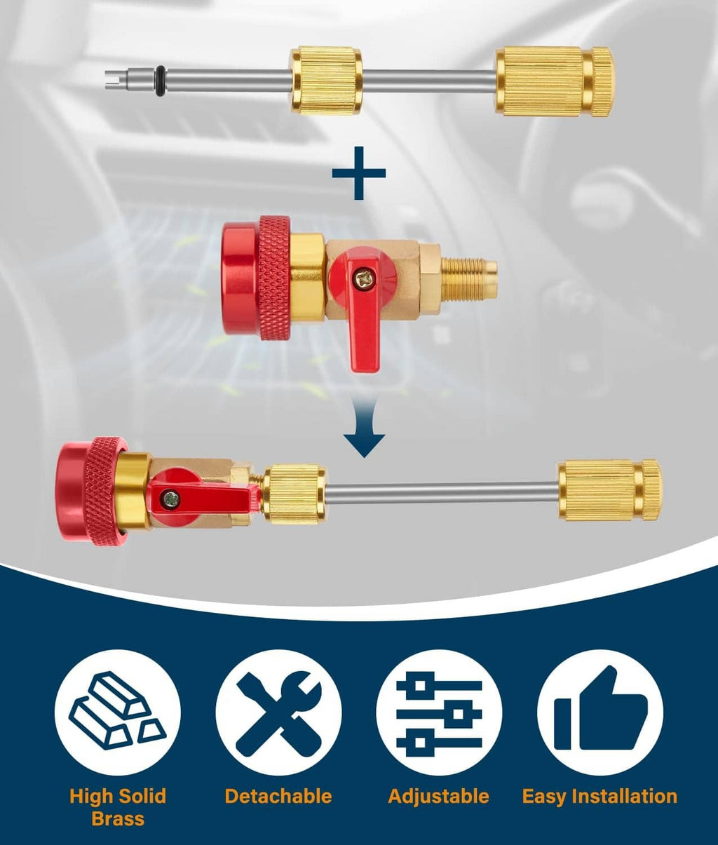 Valve core remover tool kit with detachable red handle, brass fittings, and accessories