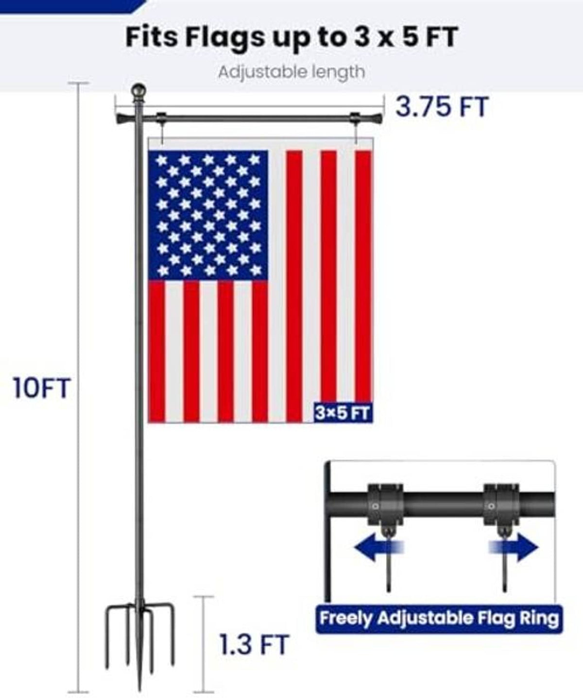 Adjustable flag pole holder sized for 3 ft x 5 ft flags with freely adjustable ring