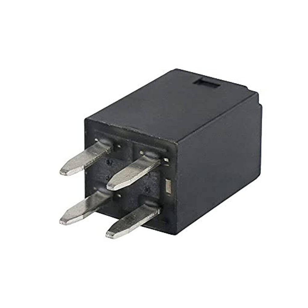 Black cooling fan relay showing underside with four metal blade terminals and mounting tabs.