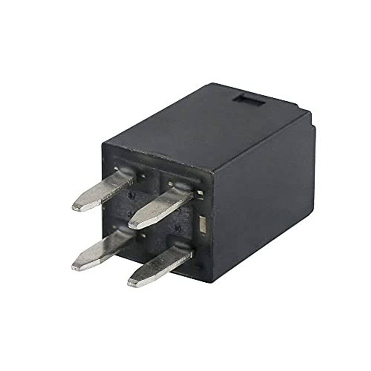 Black cooling fan relay showing underside with four metal blade terminals and mounting tabs.