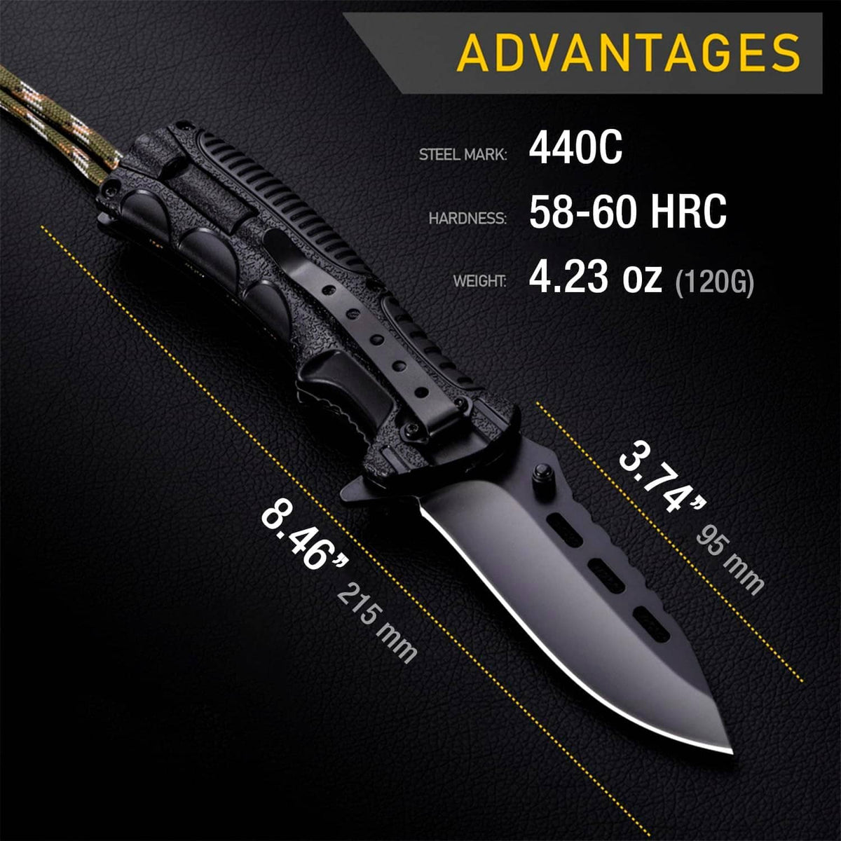 Black folding knife with 3.74 in blade, textured grip, and paracord-wrapped handle