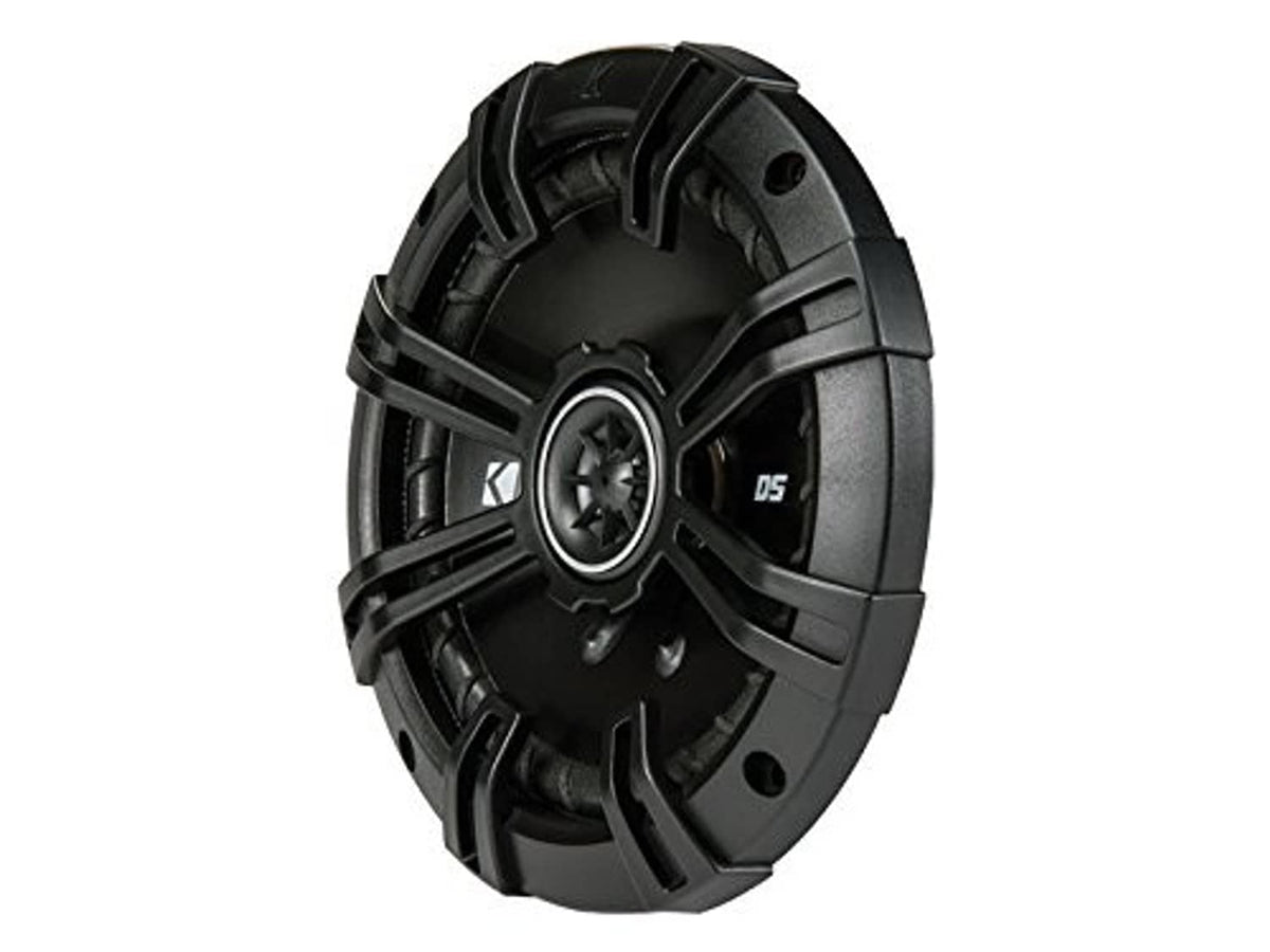 KICKER black 6.5-inch coaxial car speaker, side view with mounting tabs and grille