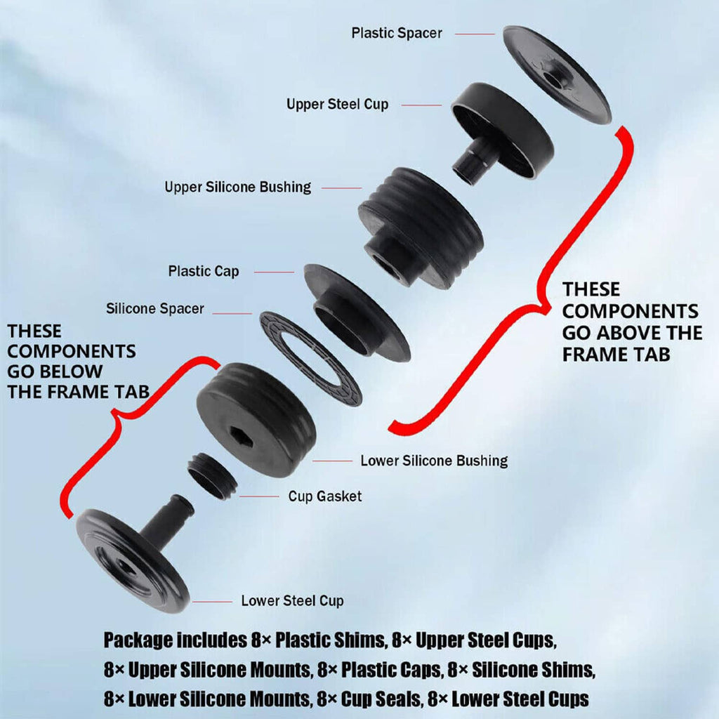 Exploded view of silicone body mount bushing kit components: isolators, cups, shims, seals