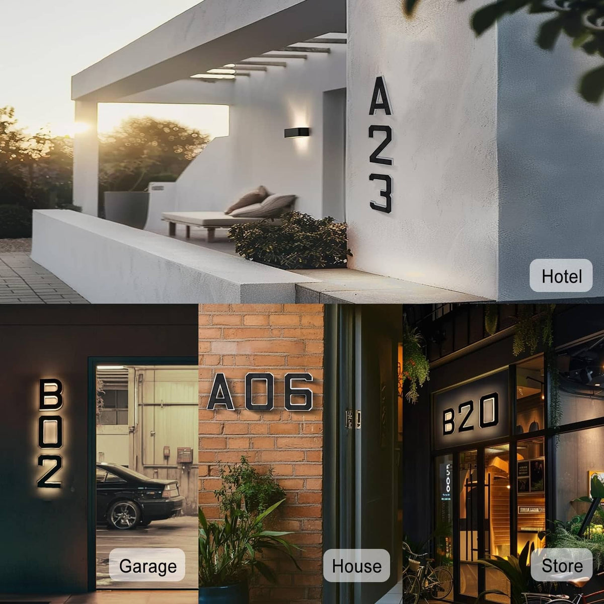 Outdoor solar house number lights mounted on walls, glowing digits in black frames