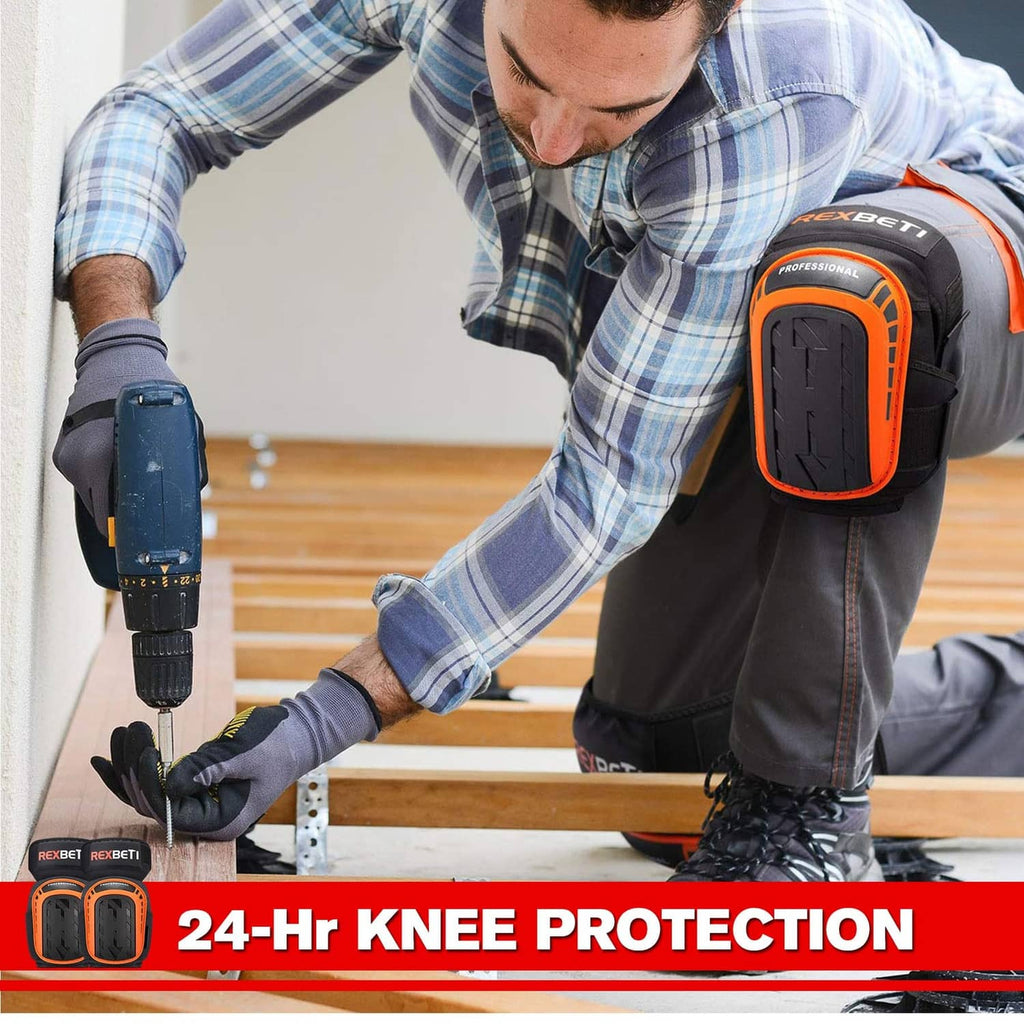 Black and orange knee pads on worker knees during floor work with protective front plates