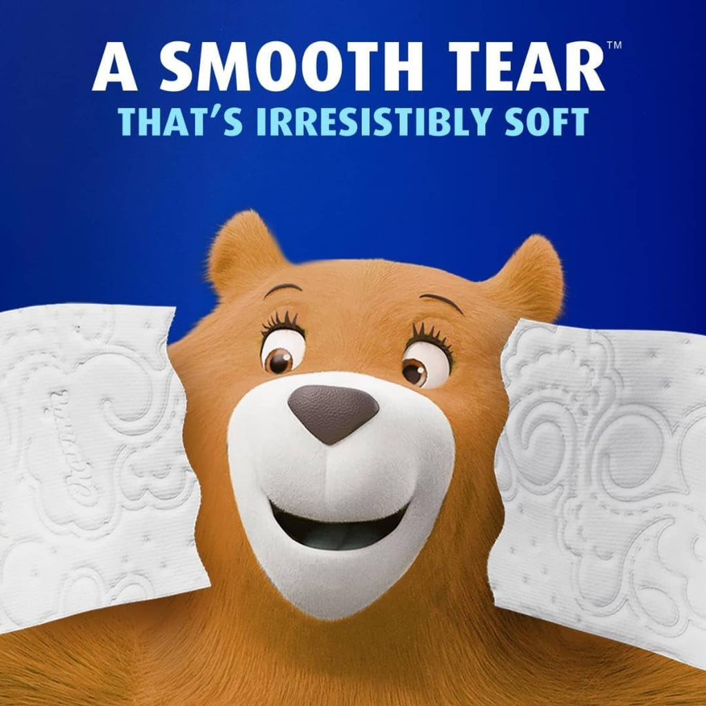 Charmin Ultra Soft toilet paper with bear graphic beside two rolls