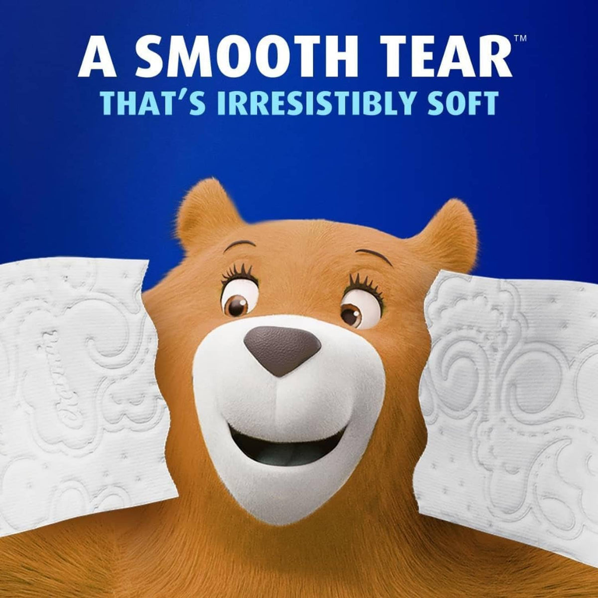 Charmin Ultra Soft toilet paper with bear graphic beside two rolls