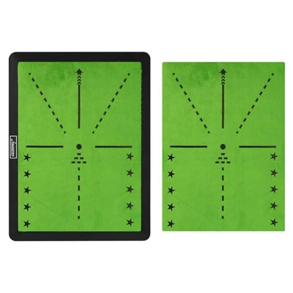 Golf hitting mat set showing two green practice surfaces with black frames and target markings