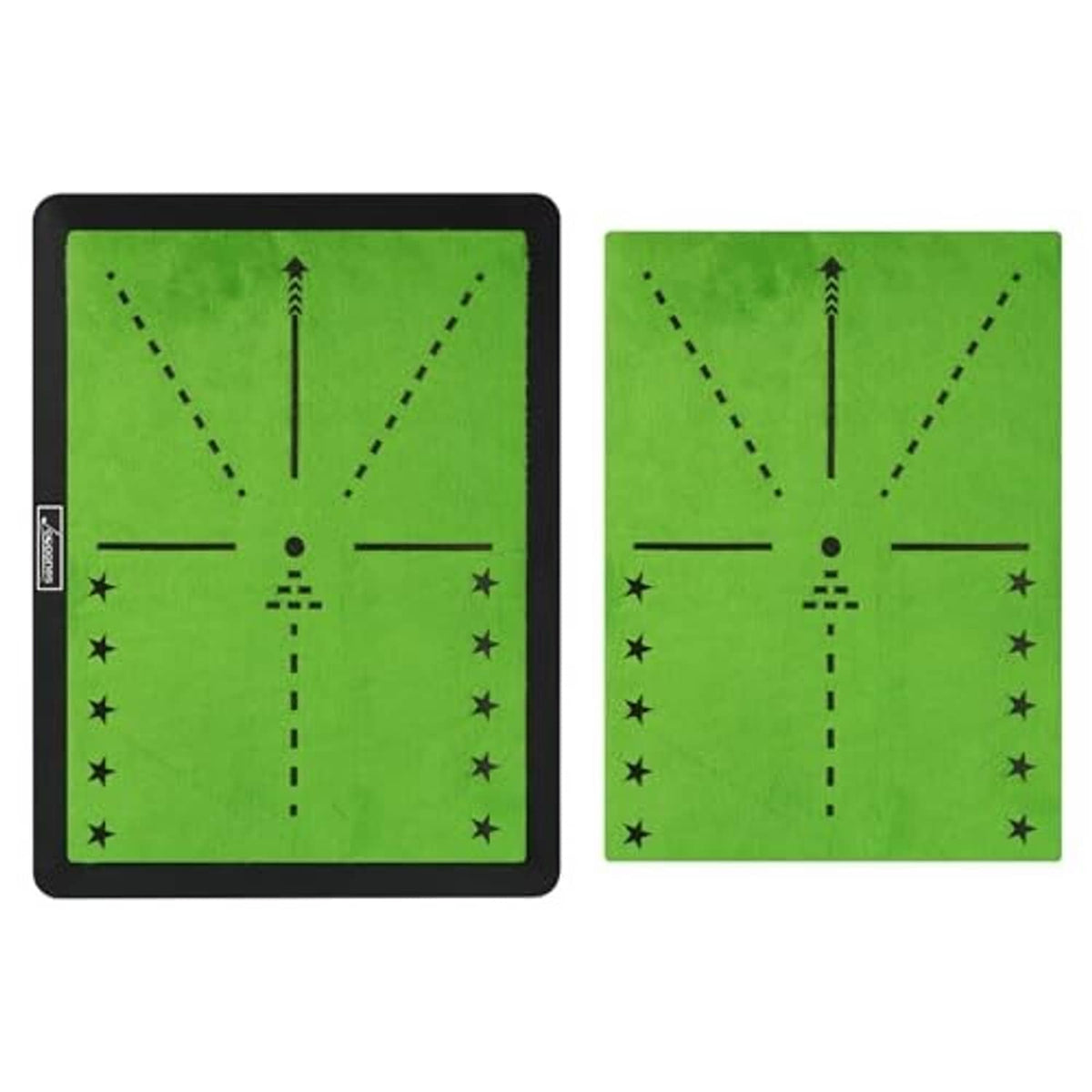 Golf hitting mat set showing two green practice surfaces with black frames and target markings