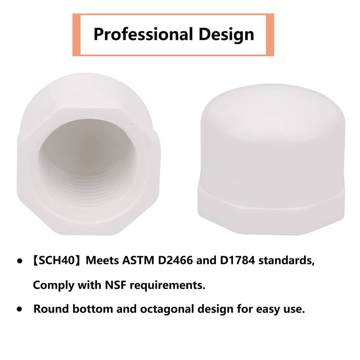 White octagonal PVC pipe end cap with threaded female opening