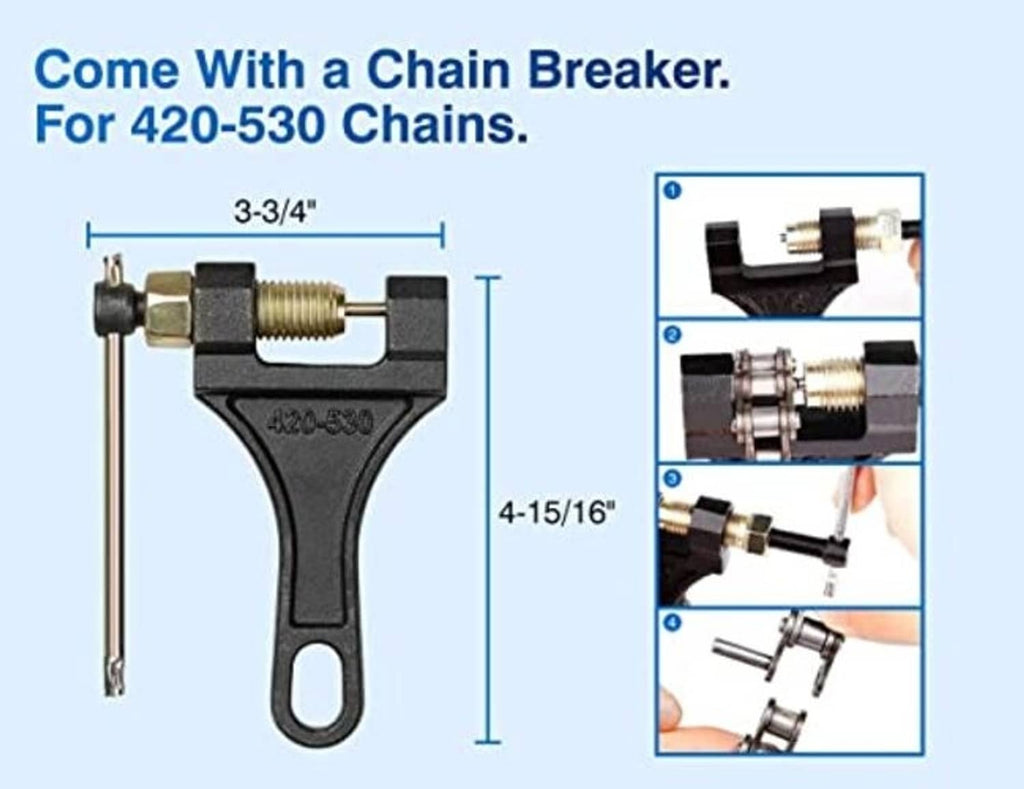 Motorcycle chain breaker tool with threaded press and pins