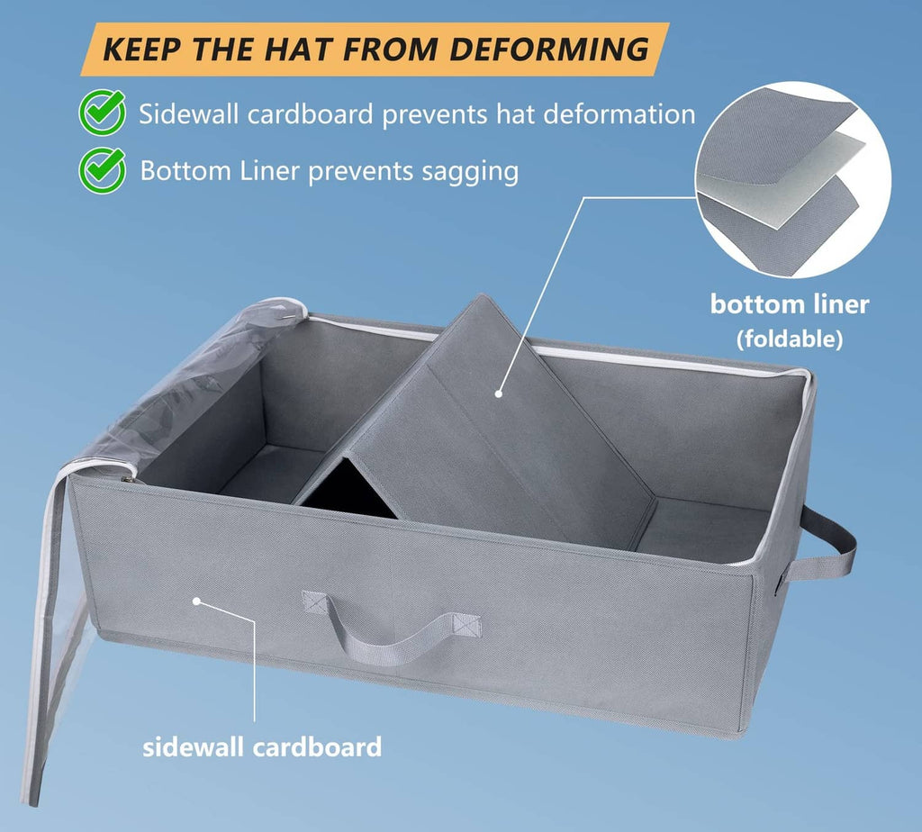 Gray foldable hat storage box with reinforced sidewall cardboard and bottom liner