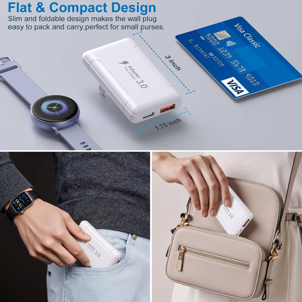 White compact flat USB-C wall charger with slim foldable plug for easy carry.